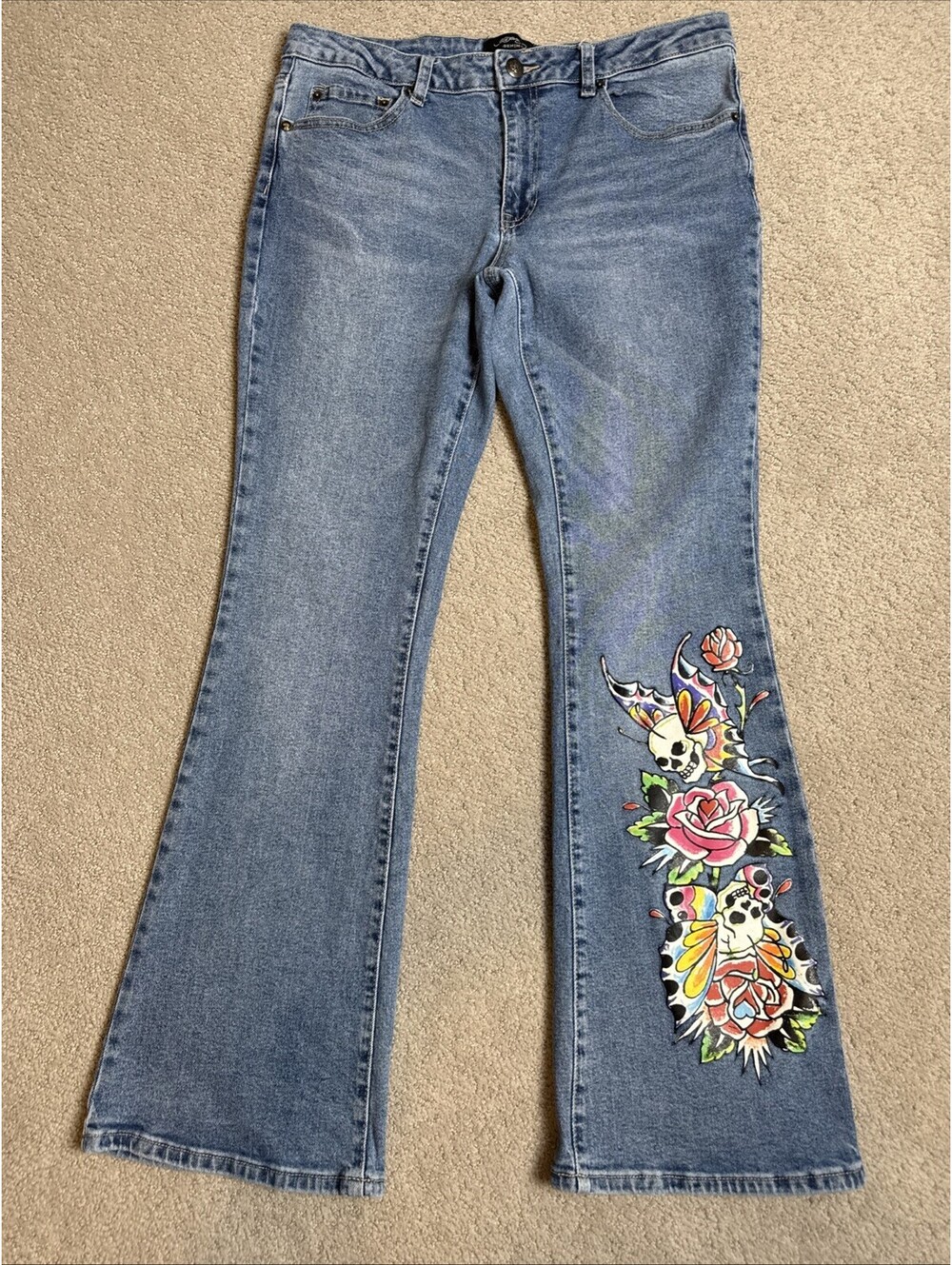 Ed Hardy Y2K Flare Jeans Womens 32 Fits 30 Skull Rose Tattoo  90s Vintage Style